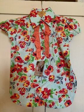 Rufflebutts Floral Ruffle Button painted flowers short dress - Coral & Aqua